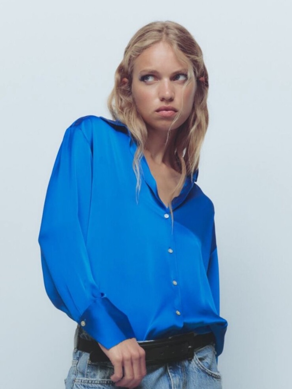 Zara Electric Blue Button-Down Satin Shirt